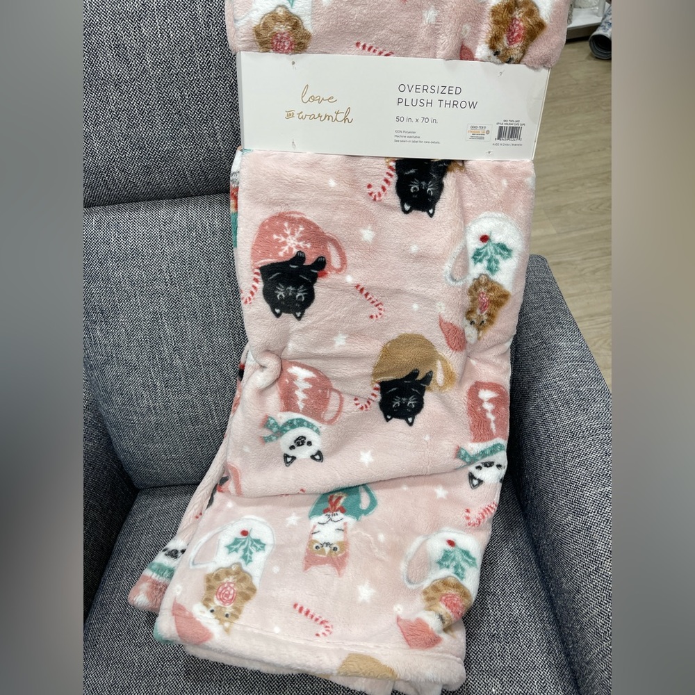 Pink Christmas Cats & Coffee Cups πββ¬π©·ππ Plush Holiday Throw blanket NwT - Picture 6 of 10